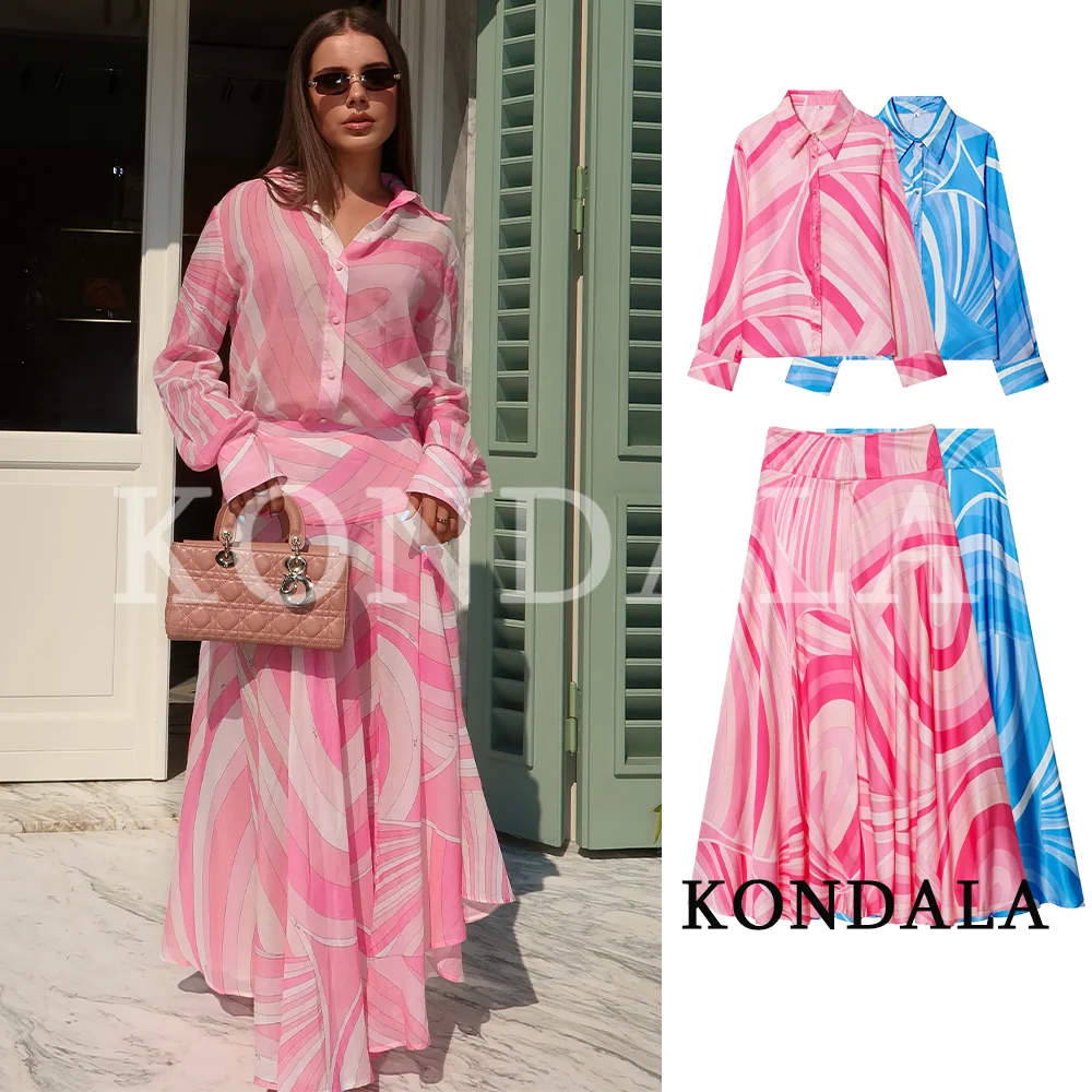 KONDALA Damen Trendiges Bedrucktes Rock-Set 2026 Sommer Elegantes Urlaubs-Chic-Set Hemden mit Reversknöpfen, Weit Plissierter Midirock – Detail 3