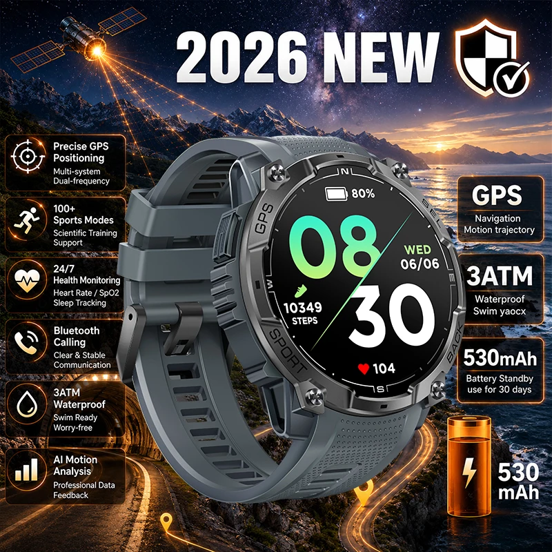 

2026 New 3ATM Men's Smart Watch GPS Compass 530mAh Sports Mode Flashlight HD Bluetooth Call Health Monitoring Sports Smart Watch
