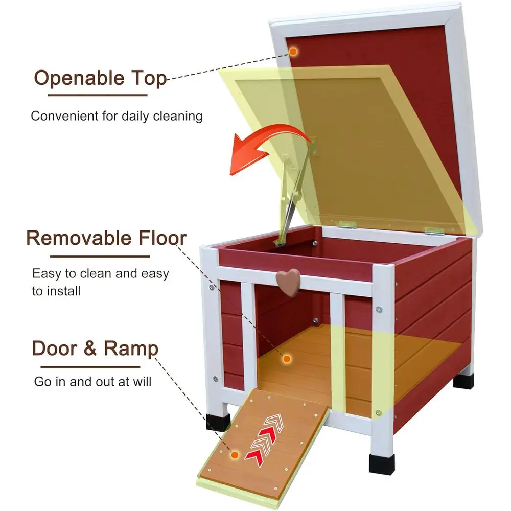 Weatherproof Outdoor Cat Shelter for Feral Cats - Small Wooden Rabbit Hutch in Red