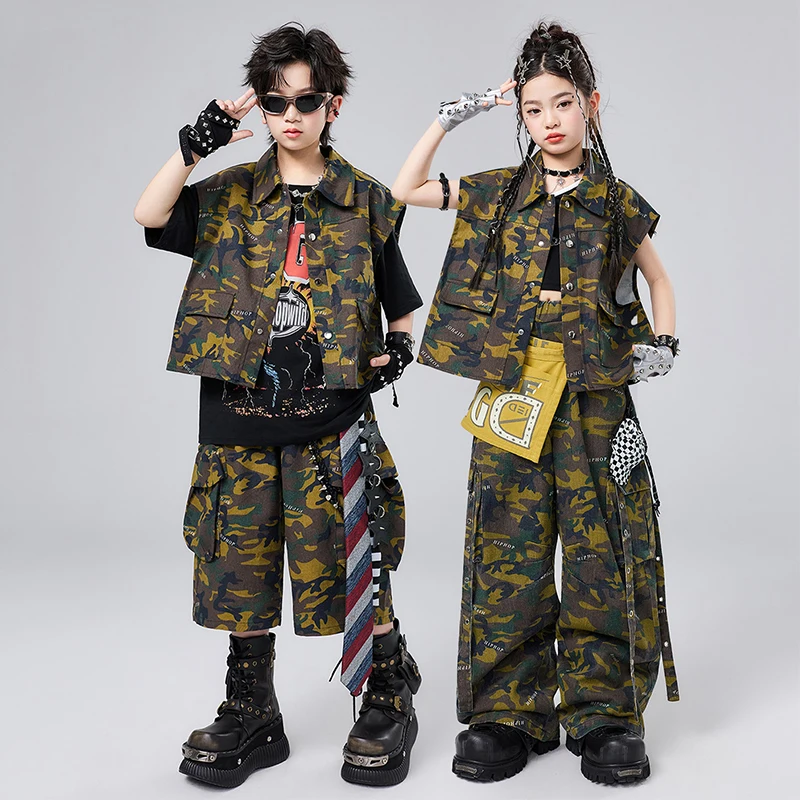Street Dance Clothes Kid Fashion Camouflage Outfit Boys Girl Jazz Performance Stage Costume Hip Hop Dance Show Clothing AMY3773