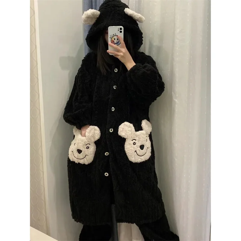 Flannel 300 Catty Hooded Pajama Set For Women in Autumn Winter 2023 Loose Fitting Suitable for Wearing 200 Catty Home Clothes