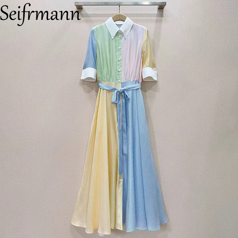 Seifrmann Kontrastfarbenes, gestreiftes Seidenhemdkleid mit Revers, kurzen Ärmeln und langer Taille, Sommer 2026, neue Damenbekleidung