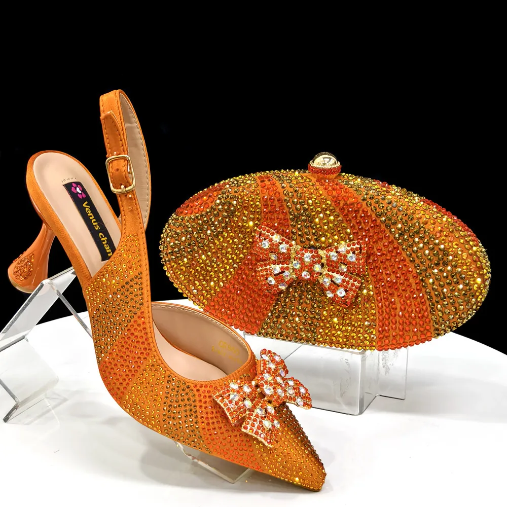 Orangefarbenes Damen-Schuh- und Taschen-Set, luxuriöse afrikanische Damen-Sandalen, Pumps, passend zu Handtasche, Geldbörse, Clutch, Escarpins Femme CR9601