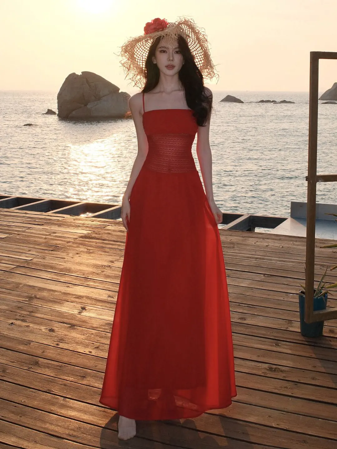 

Summer Red Strapless Dress Beach Vacation Style Waist Cinched Slimming Long Gown Vintage Color Polyester Fiber Midi Dress