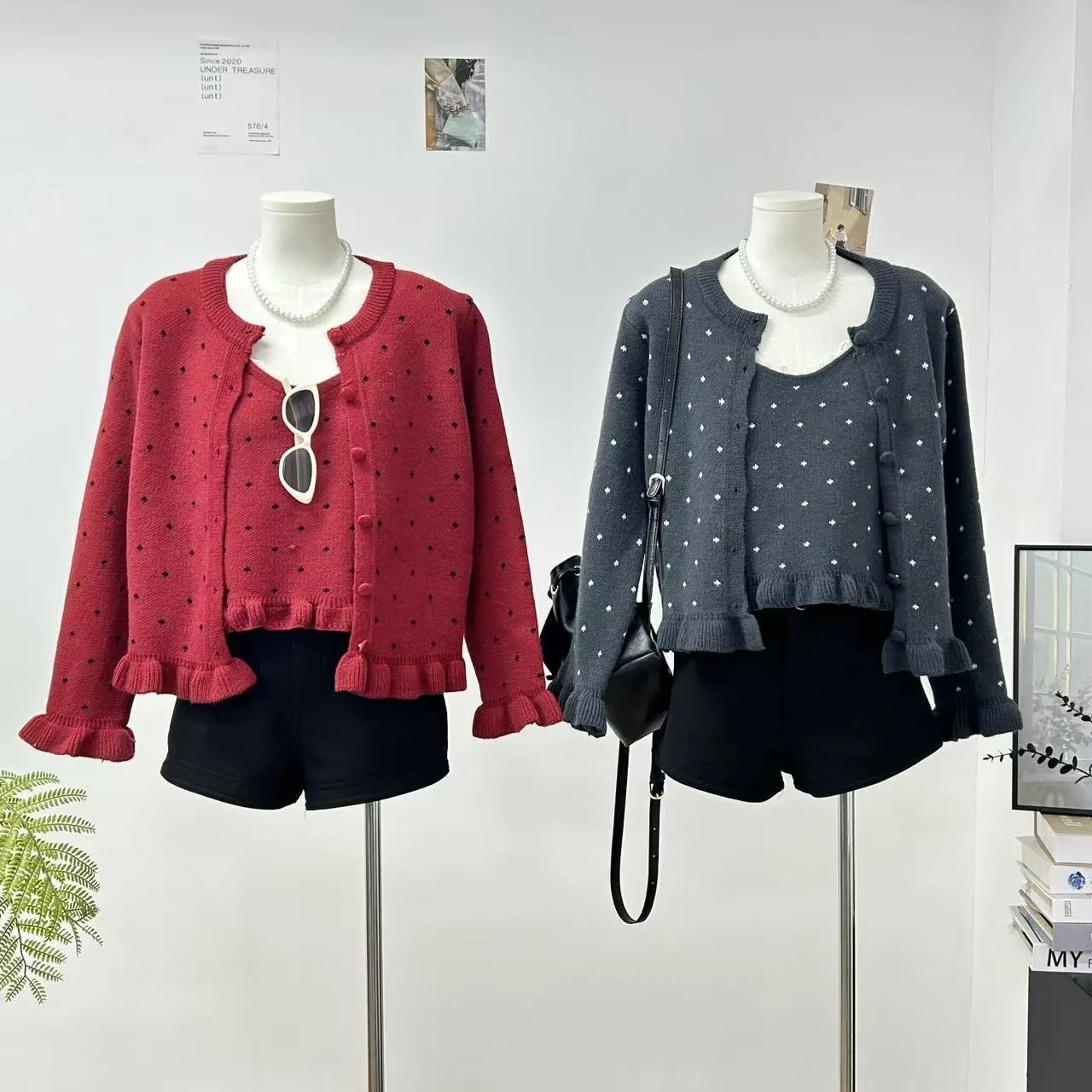 

Women's Spring Autumn Two Pieces Dot Cardigan Set Lady Oo Neck Long Sleeve Ruffles Hem Short Cardigan + V Neck Camisole