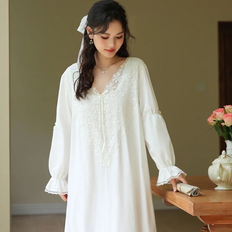 

French Style Women Nightdress Spring Autumn Long Sleeve Ladieds Nightwear Lace Patchwork Solid Sexy Loungewear for Female