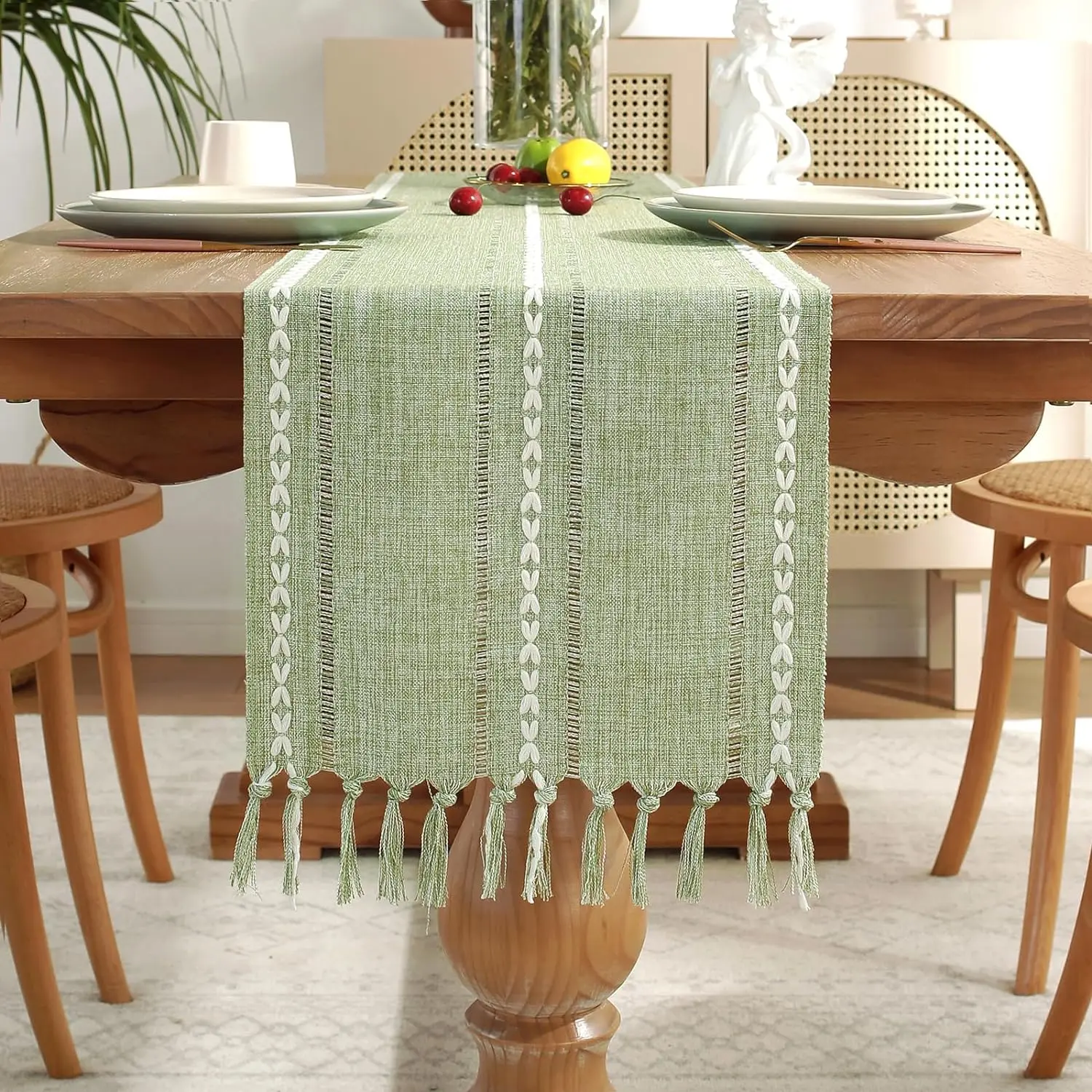 

Light green style table flag cotton and linen tablecloth handmade tassel tea table mat home long table decorative fabric