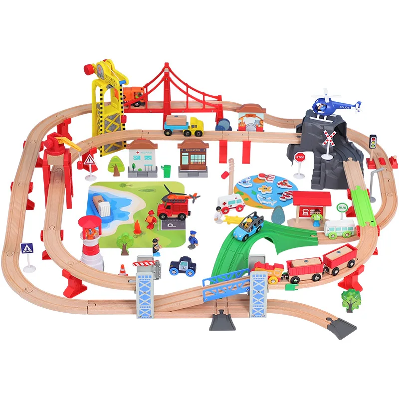 Coastal Town Traffic Rail Train Set Children Puzzle Rail Car Toy Track Set Compatible With Wooden Tracks And Electric Car PD32