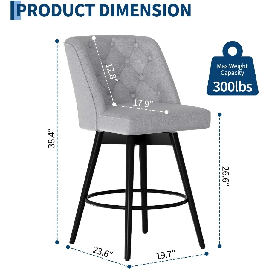 Set of 2 Modern Swivel Bar Stools - 26'' Counter Height Chairs with Backs - Linen Fabric Upholstery, Beige Color, Comfortable S