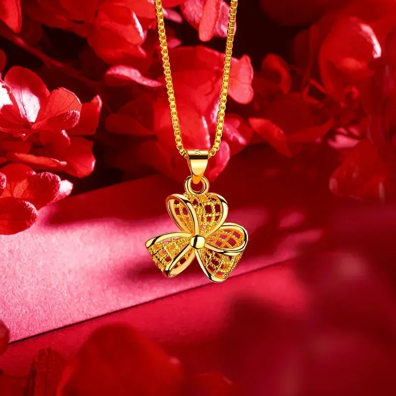 

24K Yellow Gold Women's Hollow-out Three-petal Grass Windmill Necklac, Real Gold Necklace Wedding Engagement Fine Jewelry Gifts