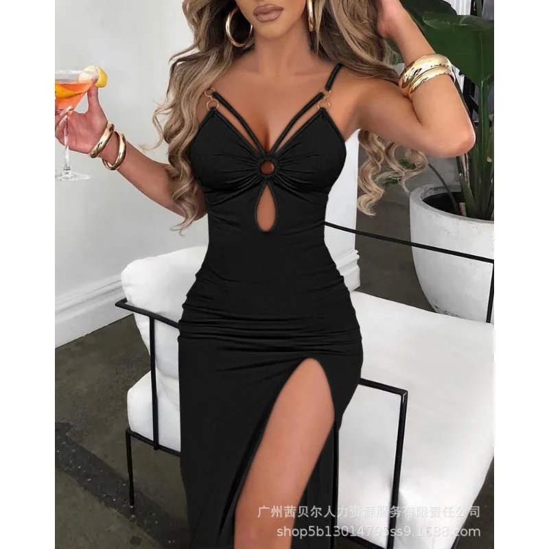 Mandylandy Summer Camis Sexy Dress Women Sleeveless Spaghetti Strap Bodycon Dress Jacquard Fabric Sling Hollow Party Dresses