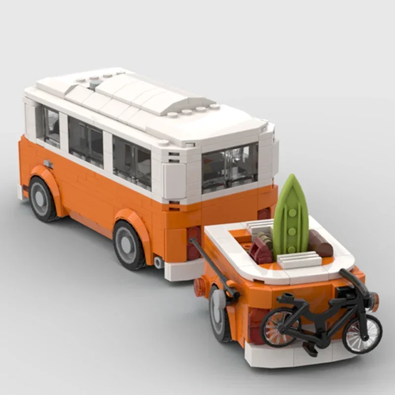 Moc tijolos de construção cidade carro modelo t2 campervan com tecnologia reboque blocos modulares presentes brinquedos para crianças conjuntos diy montagem