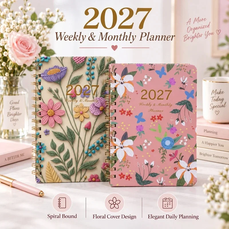 2027 Spiral Weekly & Monthly Planner, 4 Floral Covers Monthly Tabs Inner Pocket for Work School Daily Agenda Organizer Notebook