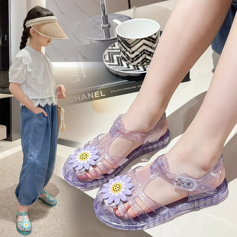 

Summer Girls Kids Shoes New Children Sandals GirlsCrystal Colourful Flowers Kids Baby Anti-slip Soft Bottom Roman Beach Slippers