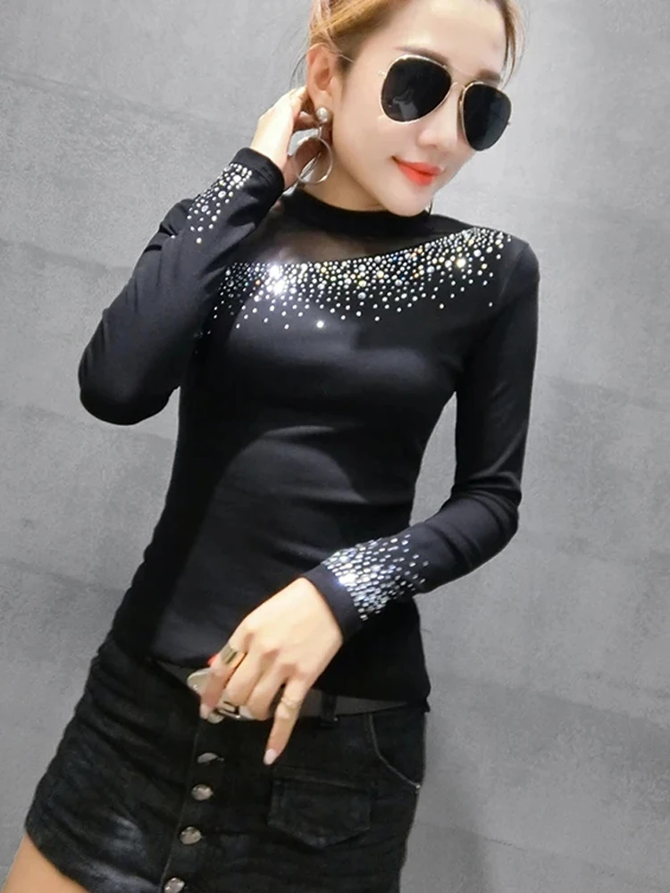 

Элегантные базовые футболки Winsleter, футболки с длинным рукавом, сезон осень-зима, женские Сексуальные облегающие хлопковые топы с ложным воротником и блестящими шипами, T39606JC