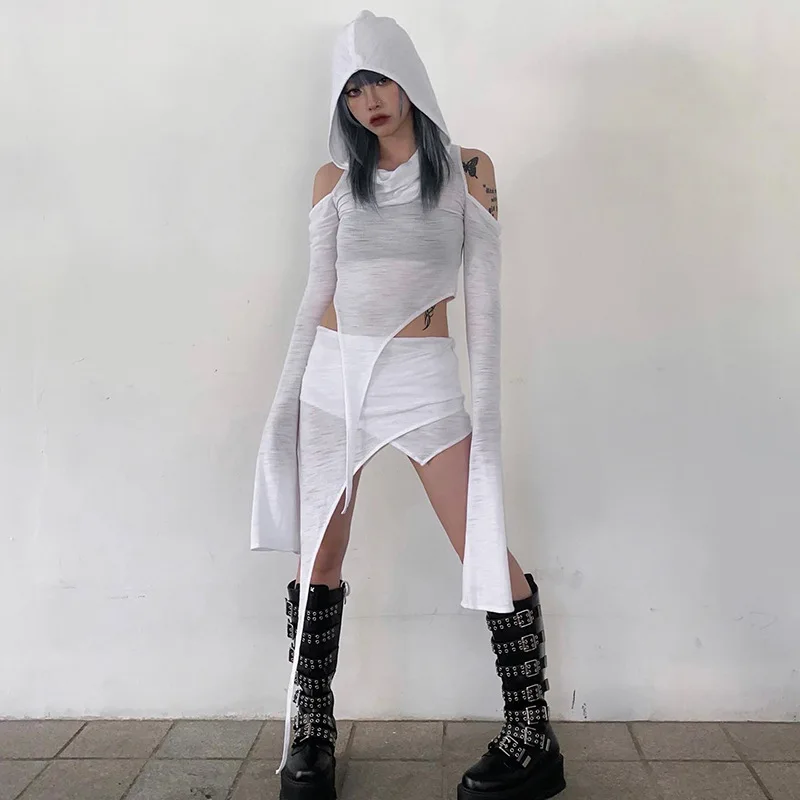 2023 Irregular Shape Women Two Piece Sets Y2K Off Shoulder Hoodies Tops with See-through Cut Out Mini  Skirt Sets Streetwear