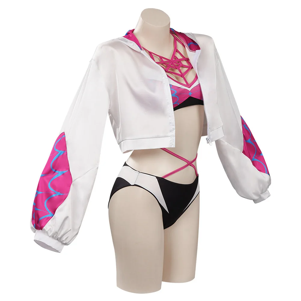 Women's&Girls Gwen Stacy Cosplay Costume Set Bikini Swimsuit with Matching Coat Halloween Carnival Party Disguise Fancy Outfit - view 4