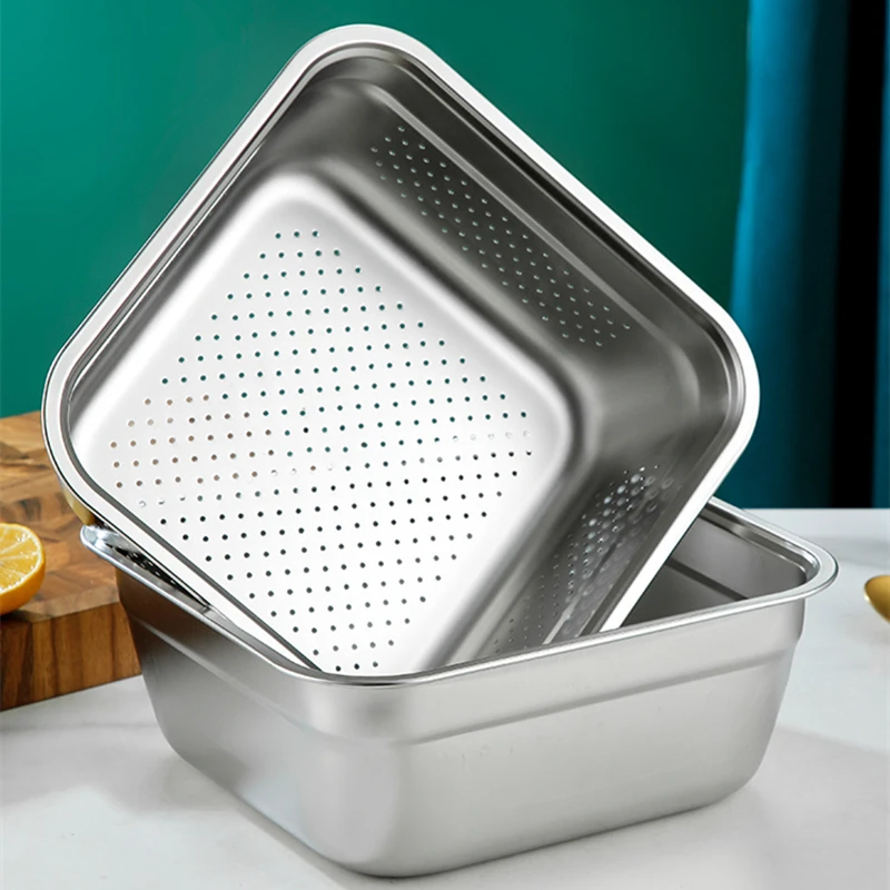 Stainless Steel Food Storage Tray Plates Drain Basin Fruit Vegetable Soup Pot Tableware Home Kitchen Organizer Utensils