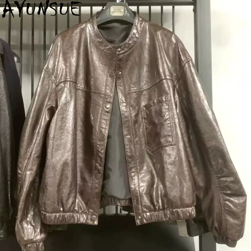 AYUNSUE Women's Real Leather Jackets Oil-wax High-end Leather Jackets for Woman Fashion Loose Long Sleeve Tops Woman Clothes