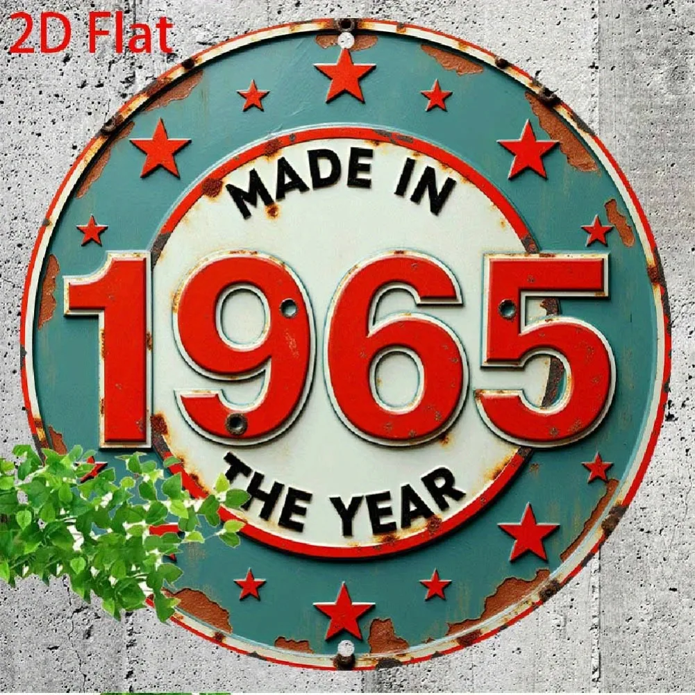لافتة مسطحة ثنائية الأبعاد، قطعة واحدة عتيقة "صنع في عام 1965" من القصدير الألومنيوم - لوحة فنية جدارية ريفية بنجوم حمراء وتصميم أزرق مخضر وأبيض