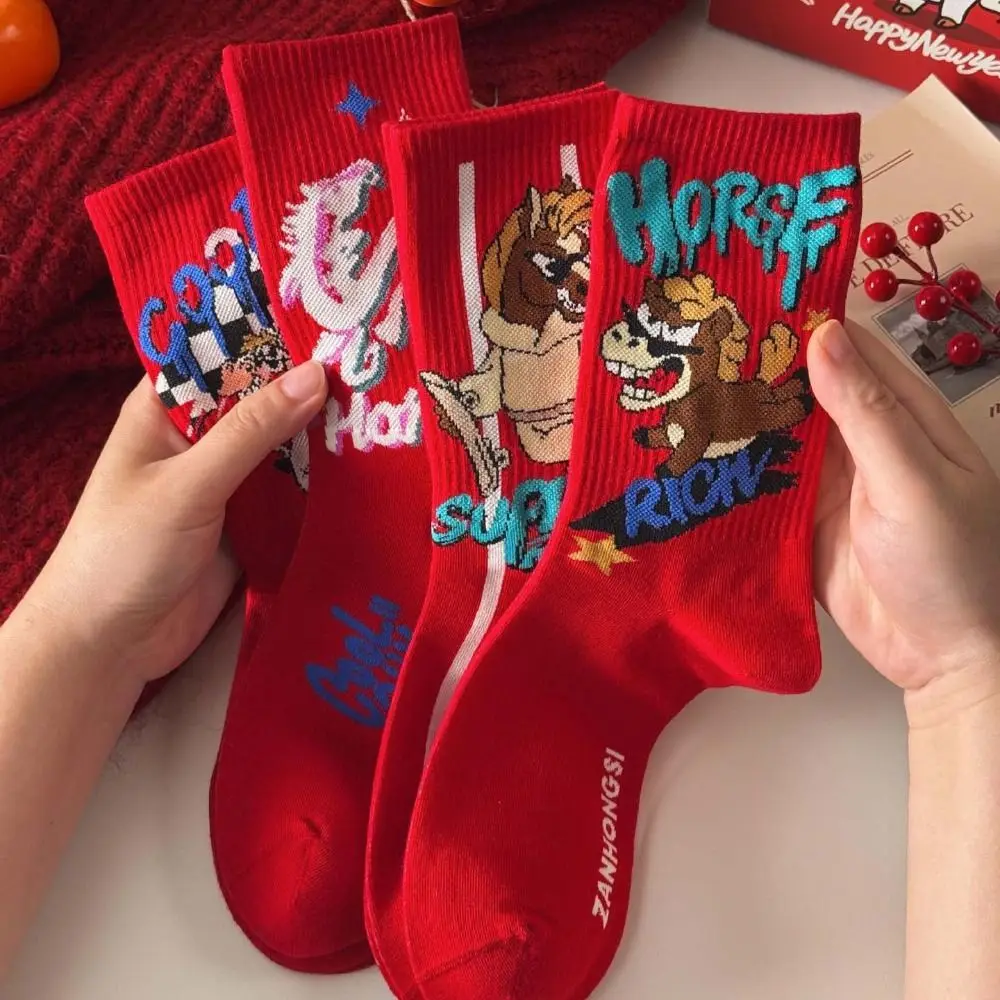 

Cute Cartoon New Year Tube Socks Letter Mid Calf Year of The Horse Socks Chinese Culture Comfortable Zodiac Year Socks Women