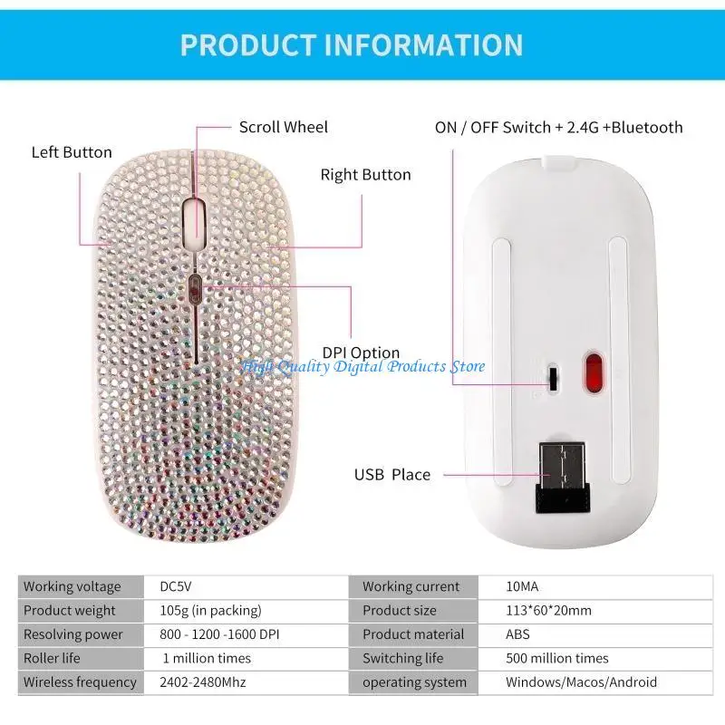 U2JE Rechargeable 2.4GHz Bluetooth-compatible Wireless Mouse with Crystal Diamond Rhinestones RGB Backlit Great Gift for H
