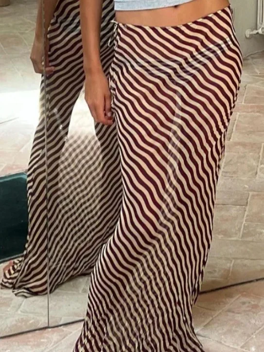 

Романтическая облегающая юбка-миди с высокой талией и полосатым принтом для женщин, полиэфирная ткань в стиле Vaion, подходит для пар