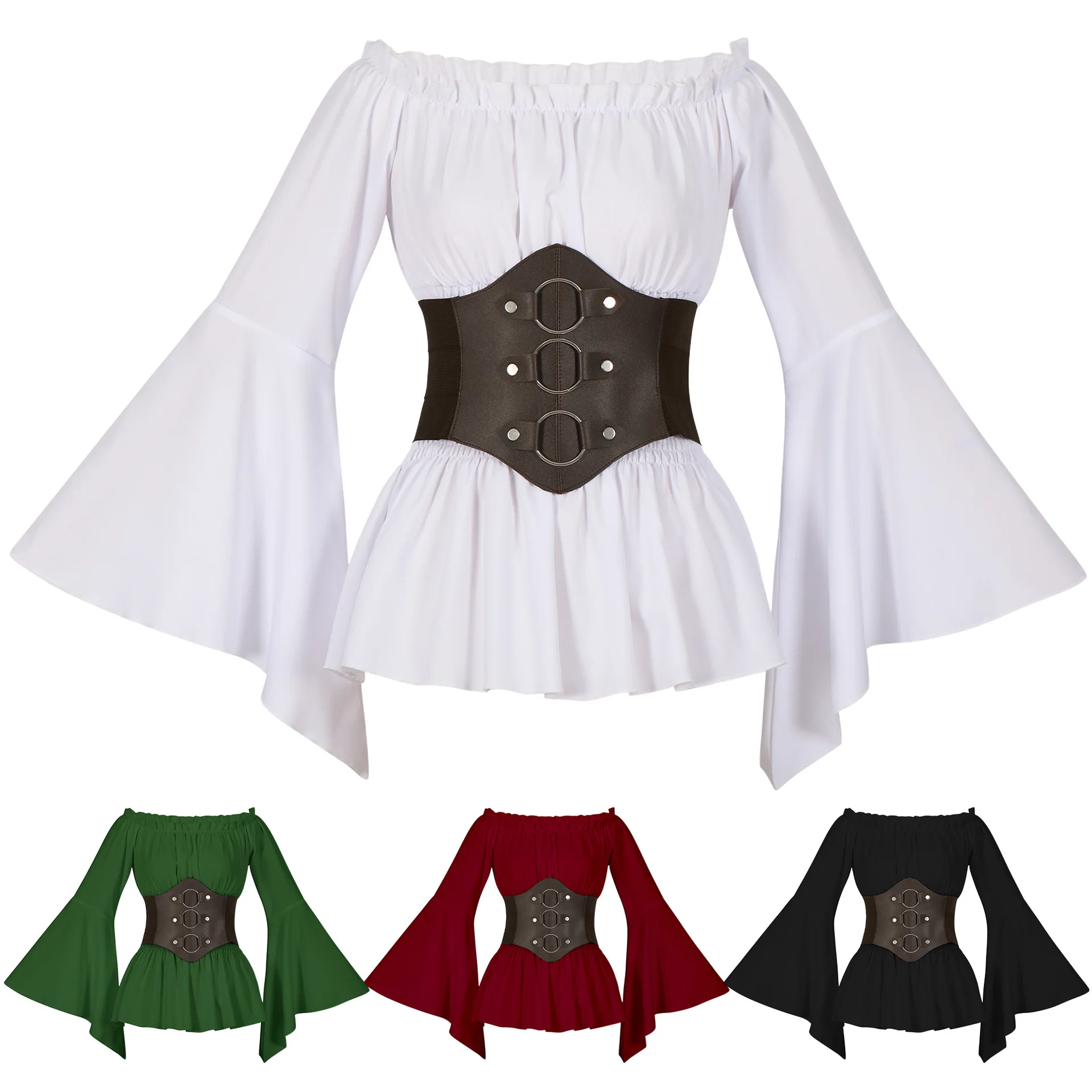 Medieval Victorian Pirate Shirt Off Shoulder Retro Casual Blouses Long Ruffled Sleeves Corset Tops Halloween Costume