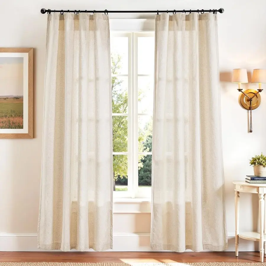

Beige Linen Blend Curtains 84 Inches Length 2 Panels for Bedroom Living Room, Light Filtering 50 Inches Wide Natural Farmhouse D