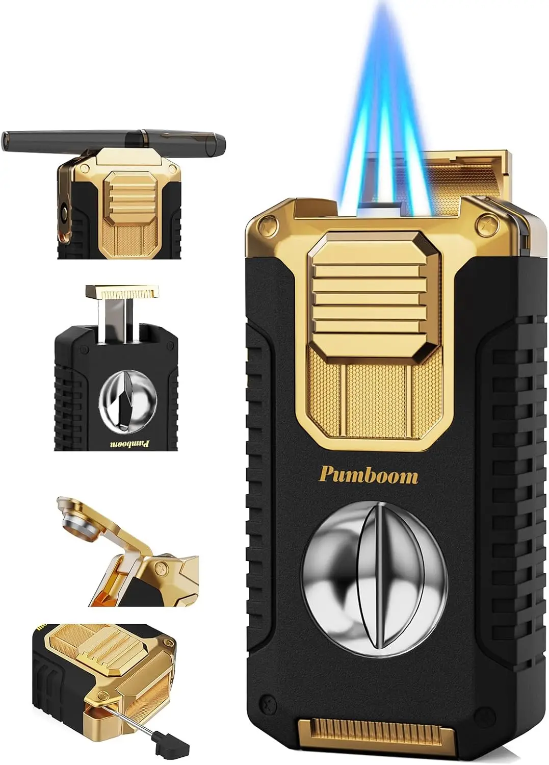 

5-in-1 Torch Lighter with V Cutter, Punch, Holder, Draw Enhancer Tool, Triple Windproof Jet Flames, Butane Lighter in Gift Box