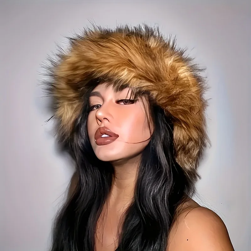 

Winter Warm Plush Bucket Hat Women Oversize Earflaps Fluffy Faux Fur Hats Fashion Furry Raccoon Fur Cotton Hat Solid Color Hats