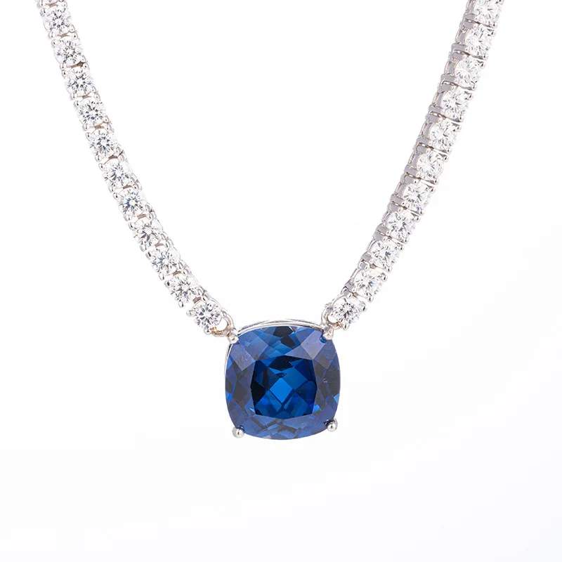 KEEP YES Total 12.2ct Moissanite Diamond  with 12*12mm Cultivate Sapphire Tennis Necklace with GRA for Women 925 Sterling Silver