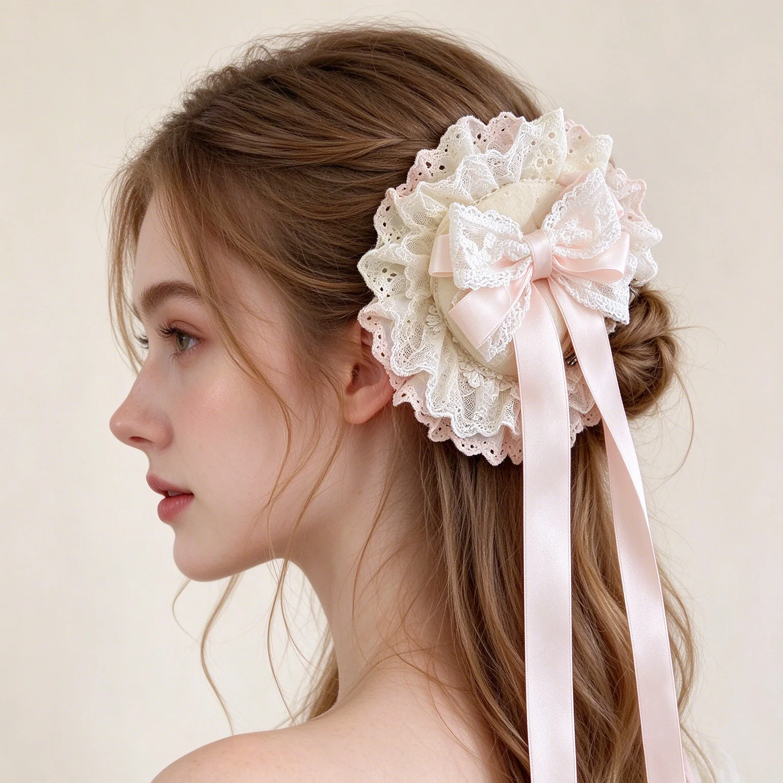 Vintage Lace Mini Hat Hair Clip, Pink Satin Bow Long Ribbon Barrette, Sweet Lolita Hair Accessory for Party Cosplay