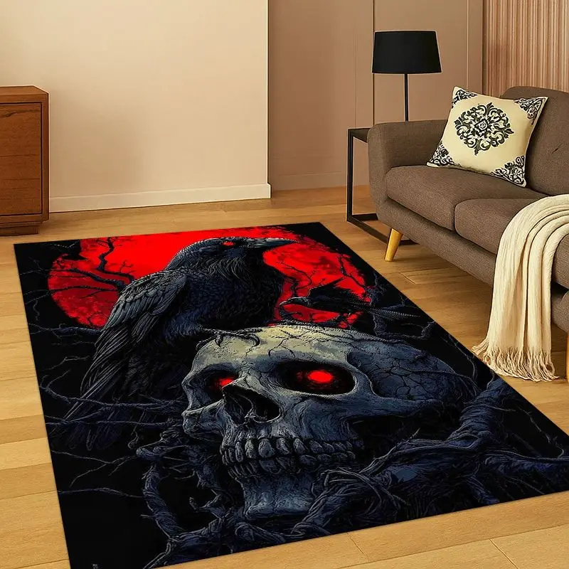 Gothic Raven Crow Skull Cartoon Carpet Rug for Bedroom Living Room Sofa Playroom Doormat Home Decor,Kid Game Area Rug Non-slip