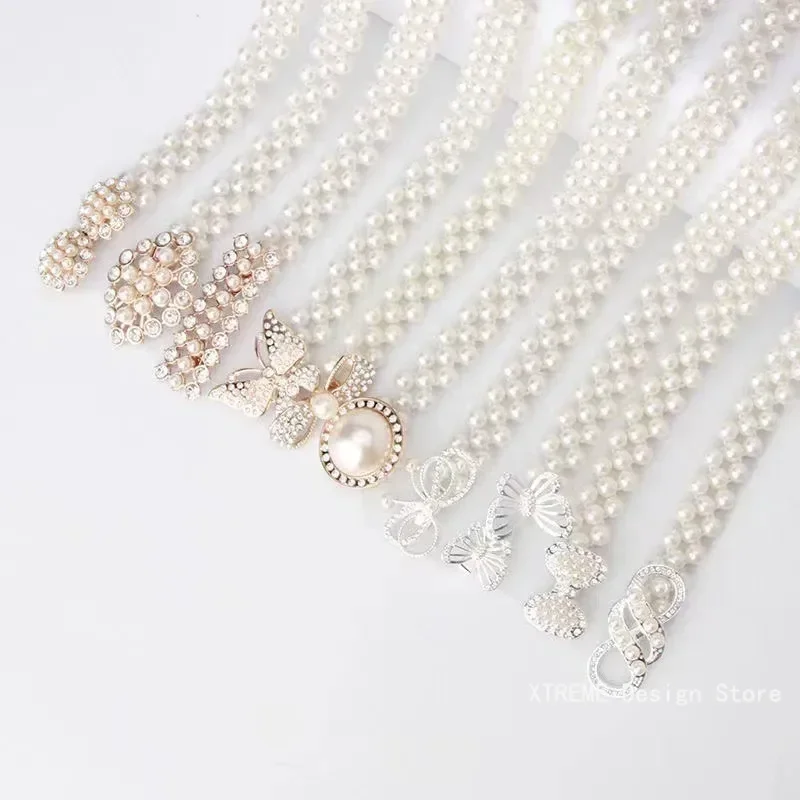 Luxury Elegant Women Pearl Waist Belt Elastic Buckle Pearl Chain Belt Female Girls Dress Crystal Strap Pearl Elastic Belt