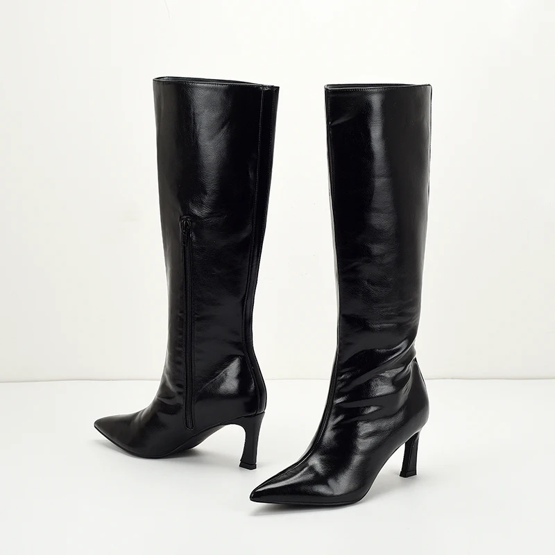 Winter Boots Lady Shoes Boots-Women Zipper Sexy Thigh High Heels High Sexy 2024 Stiletto Black Pointy Autumn Leather Over-the-Kn