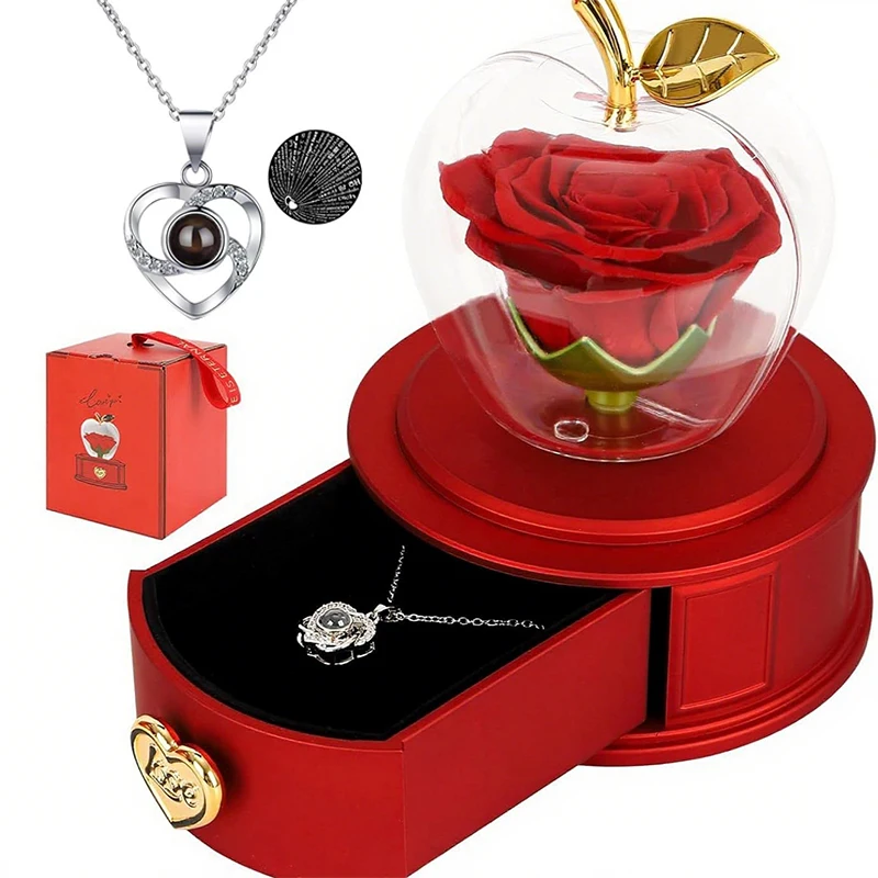 Apple-Shaped Preserved Real Rose Box with I Love You Necklace, Forever Love Eternal Flower Gift for Her Birthday,Anniversary Day