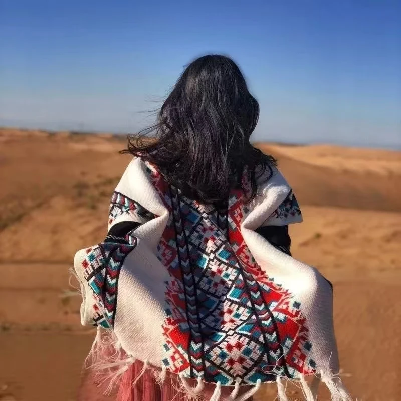 Poncho de punto bohemio para mujer, capa con borlas, cárdigan, mantas de fotografía, turismo, Otoño e Invierno