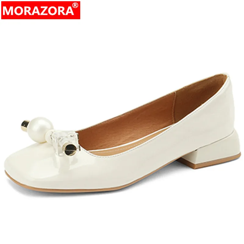 

MORAZORA 2022 New Arrive Square Med Heels Dress Shoes Genuine Leather Fashion Shoes Woman Ladies Simple Slip On Pumps