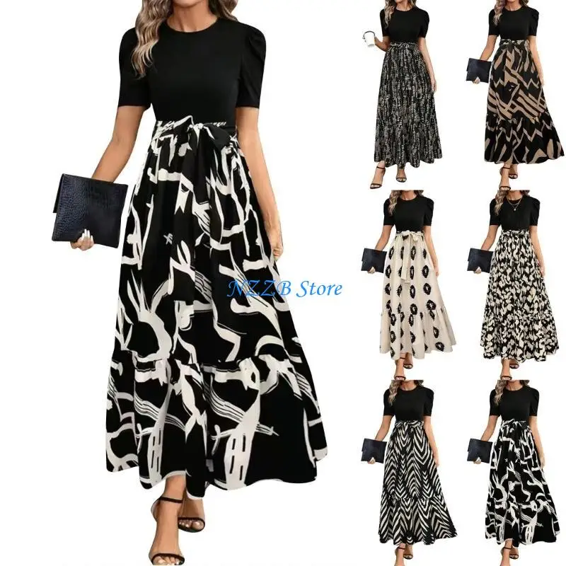 فساتين T21F للنساء فستان طويل كاجوال واسع من الزهور وفساتين شاطئ أنيقة على الخصر