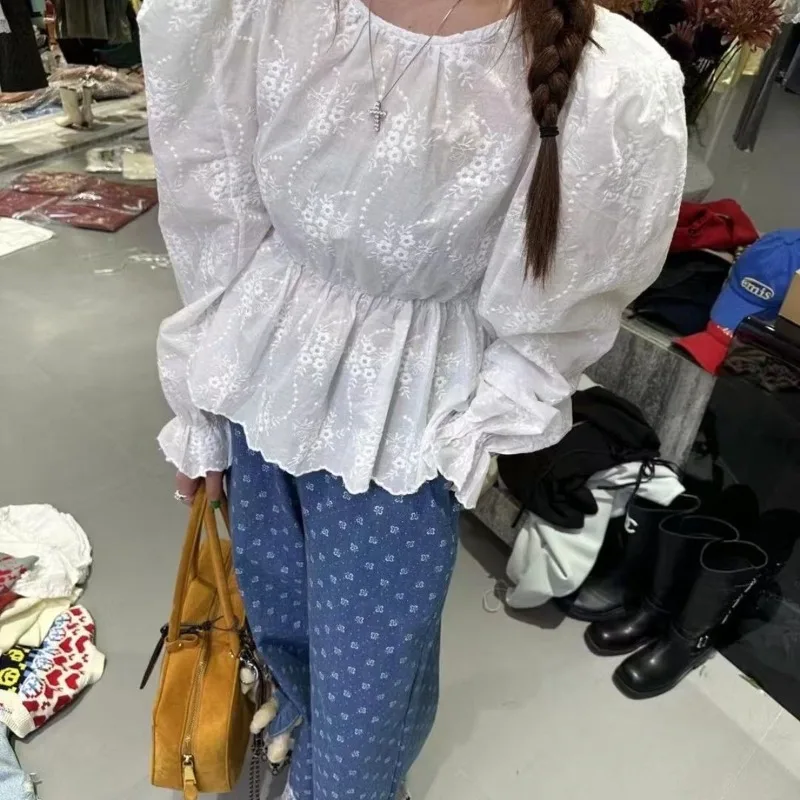 Blusa feminina estilo coreano em torno do pescoço bordado babados cintura pura colheita topo outono novo simples camisas de manga longa senhora