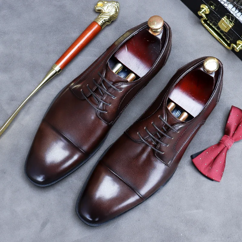 Shoes Men\'s Genuine Leather Youth Business Dress British Handsome Derby Leather Shoes Retro Wedding Shoes Casual Fashion Cowhide