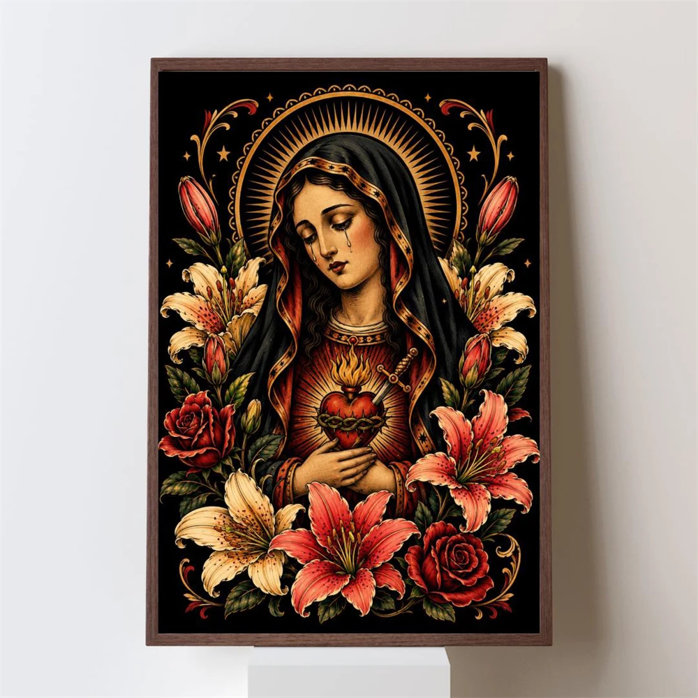 Mater Dolorosa Wall Art Print Traditional Tattoo Art Poster Sacred Heart Gothic Catholic Decor Wall Art Print Canvas Painting