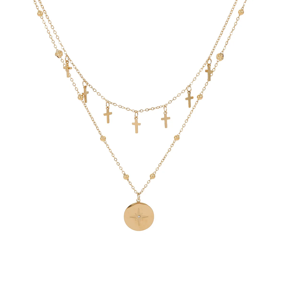 

Ladies stainless steel cross, mango star round brand double-layer stacked necklace, retro and elegant temperament jewelry