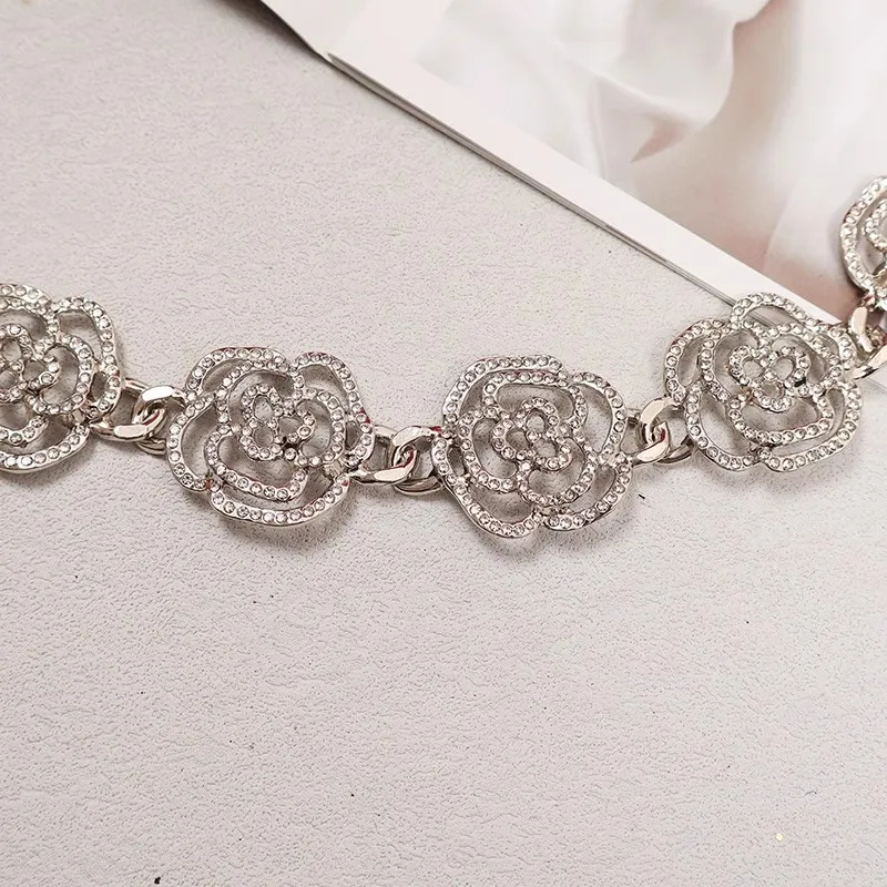 Women's Fashion Diamonds Flower Silver Metal Chain Cummerbunds Female Dress Corsets Waistband Belts Decoration Narrow Belt R1480