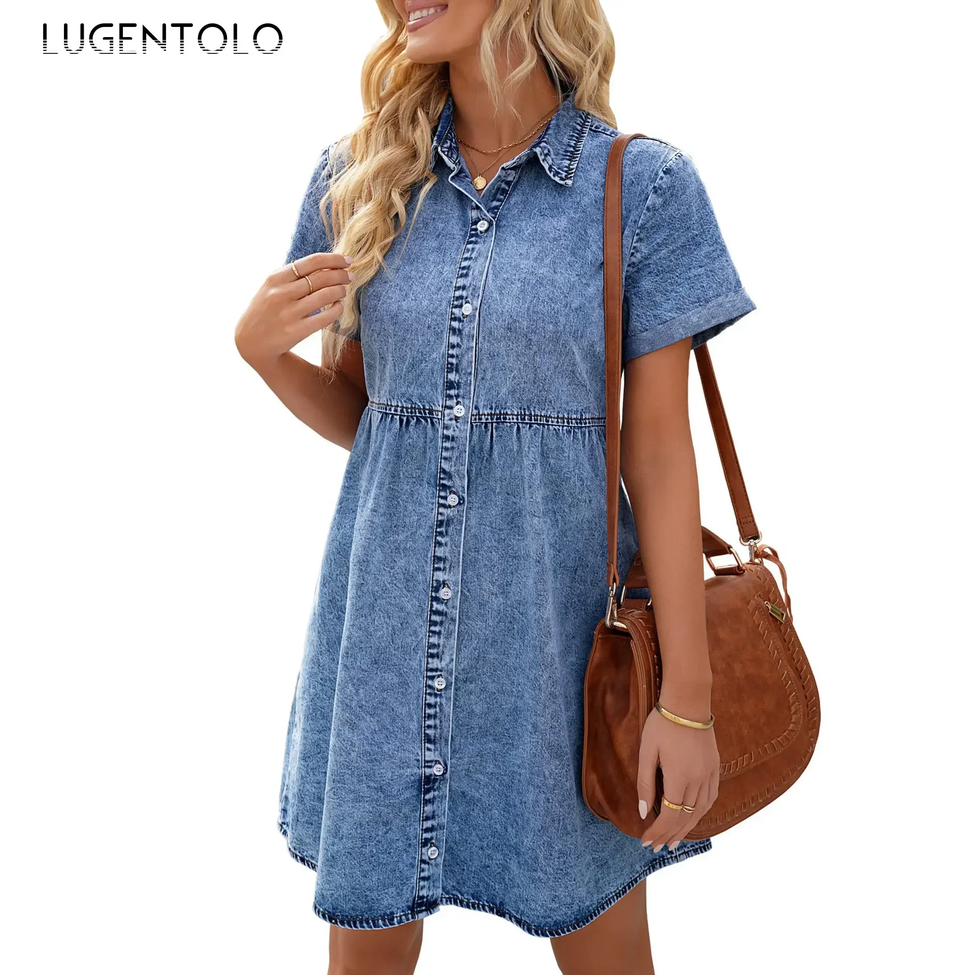 Denim New Dress Women Short Sleeve Casual Street Single-breasted Do Old Female Lapel Washed Sweet Big Swing Empire Midskirt