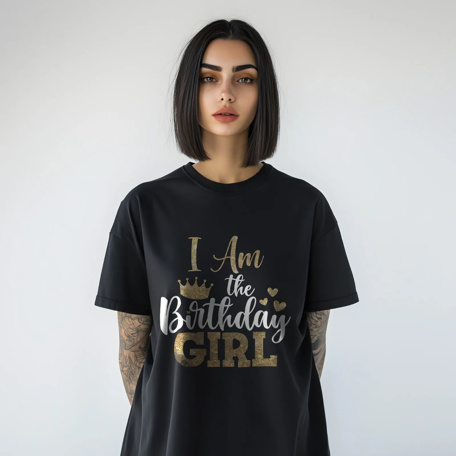 I Am The Birthday Girl T-Shirt Gold Crown Glitter Effect Party Celebration A92
