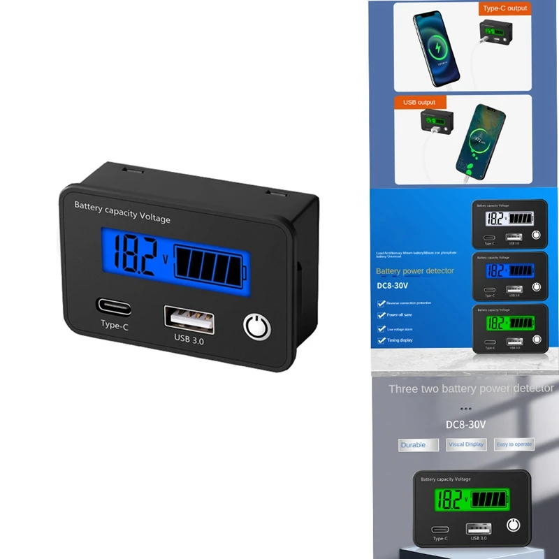 DC8-30V Battery Capacity Indicator Lead Acid Lithium Batteries Level Tester USB 3.0 Digital Voltmeter Voltage Meter