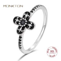 Monkton 100% S925 Sterling Silver Clover Black Flower Rings for Women Silver Punk Vintage Finger Ring Elegant Fine Jewelry Gift