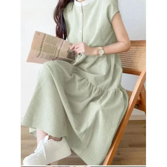 Chic Summer round Neck Striped Sleeveless Dress Sweet Korean Style New Color A-Line Skirt Single Button Closure Women's Dress